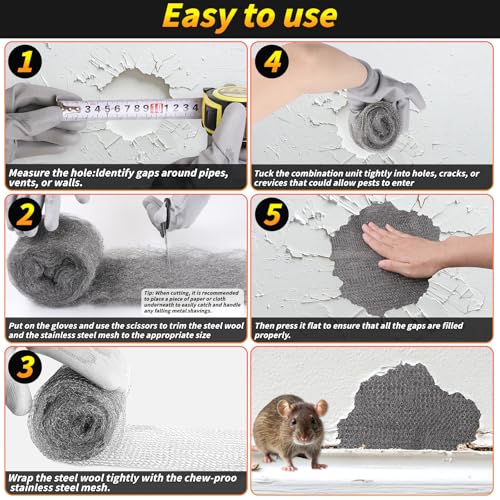 Steel Wool Mice Control, 6 Pack 3.2" x60 FT #1 Steel Wool & 1 Pack 5" x30 FT Stainless Mesh Gap Filler, Mouse Hole Filler DIY Kit, Rodent Barrier Kit for House Garden Pipeline Polishing Chrome Glass