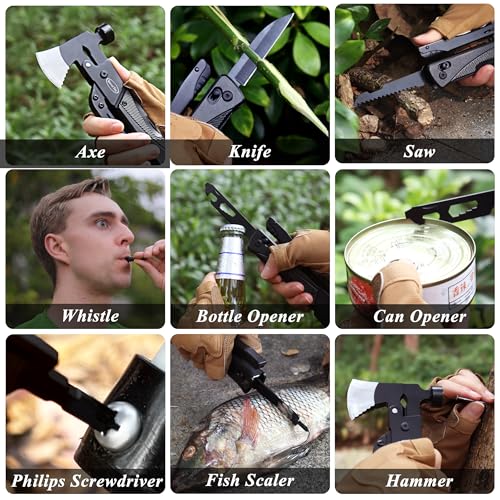 RoverTac 19-in-1 Multi-Tool Axe with Knife, Hammer, Saw, Screwdrivers, Bottle Opener, Nylon Sheath, Camping Tool Survival Gear, Gifts for Men, Dad Gifts, Husband Christmas Stocking Stuffers Black