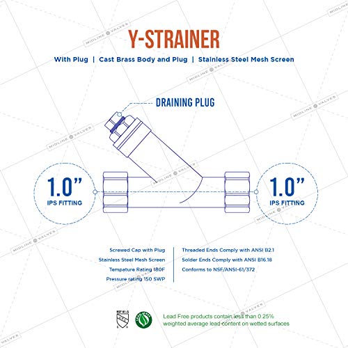 Midline Valve 322U322 Y-Strainer with Stainless Steel Mesh Screen, Pipeline Filter Valve 1 in. FIP, Cast Brass, 1 Single Pack 1 in.