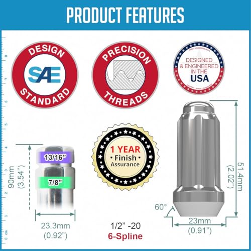 Wheel Accessories Parts 20 Pcs 1/2"-20 Thread Truck 2.00" Long Spline Lug Nuts Chrome 6 Spline Hex Fits Chevy C10 K5 Blazer ｜ GMC C1500 ｜ Dodge Ram 1500 Ramcharger ｜ Ford F150 ｜ Jeep Wrangler