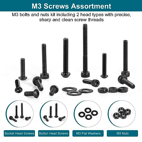 SATANTECH 1590Pcs M3 Screw Kit, Hex Button and Socket Head Bolts and Nuts Washers Set, 12.9 Grade Alloy Steel M3 Screw Assortment Kit for 3D Printing Black M3 Hex Button&Socket Head Kit