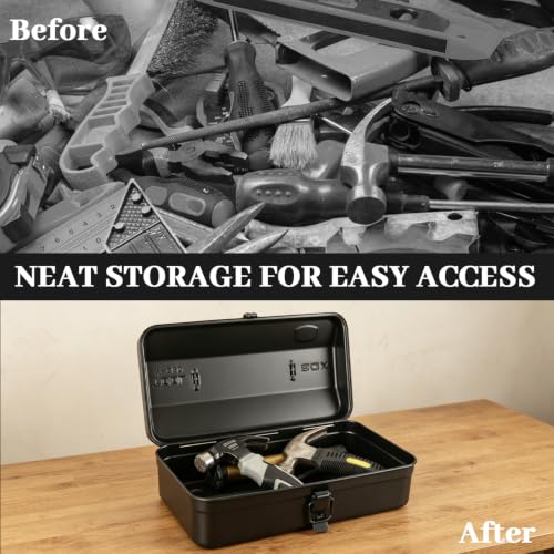 Small Metal Tool Box 12 Inch Metal Box with Lid Steel Tool Box 1PCS Black 12IN