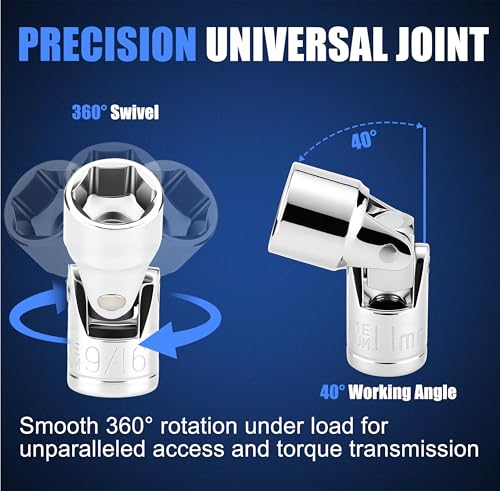 19-Piece 1/4" Drive Universal Joint Socket Set, Swivel Socket Set & Wobble Sockets with Metric (5-15mm) and SAE (3/16"-9/16"), 6-Point CR-V Flex Sockets for Tight Spaces