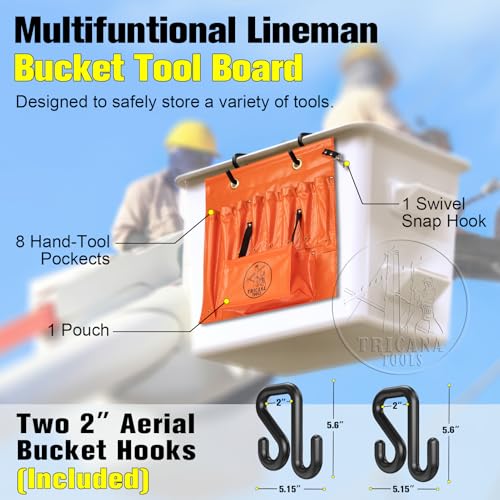 Lineman Tool Board, Aerial Apron, Bucket Truck Tools Organizer with Over 16 Pockets, Tool Organizer for Bucket Trucks and Lineman, Includes Two 2” Bucket Hooks 8 Pockets (without Magnet) 1