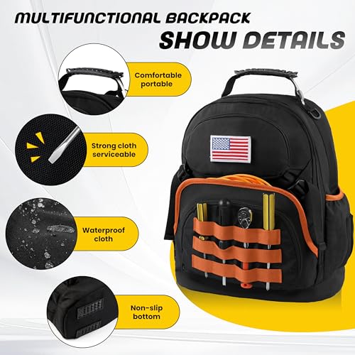 Tool Backpack Heavy Duty with Removable Organizer, Electrician Backpack for Tools with Multiple Pockets & Padded Shoulder for Plumber, HVAC, Cable Technician Yellow