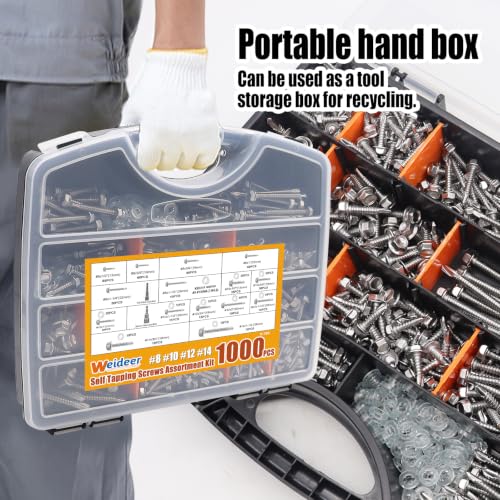 weideer 1000pcs Self Tapping Screws for Metal, #8#10#12#14,410 Stainless Steel Sheet Metal Screws Assortment Kit, Hex Washer Head Self Drilling Screw with Rubber Washer,Length 1/2" to 2'' SV 1000PCS #8#10#12#14 Kit