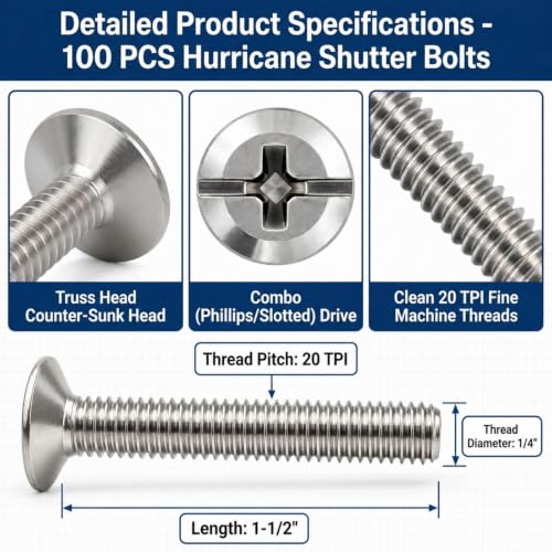 Blulu 100 Pcs 1/4"-20 x 1-1/2" Hurricane Shutter Fasteners, Sliver 1/4"-20 x 1-1/2"