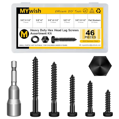Mywish (15Sets) 3/8" x 1" Hex Head Lag Bolts & 46Pcs 3/8" Hex Head Lag Screws Assortment Kit, Heavy Duty Lag Bolts with Washers, 304 Stainless Steel Bolts 18-8, 5-Size Wood Screws for Outdoor, Black