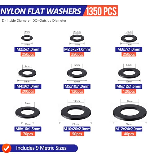 330 Copper Crush Washers (M5-M20) & 1350 Nylon Flat Washers (M2-M12) for Automotive, Plumbing, Electronics, DIY - Sealing & Insulating Washer Set