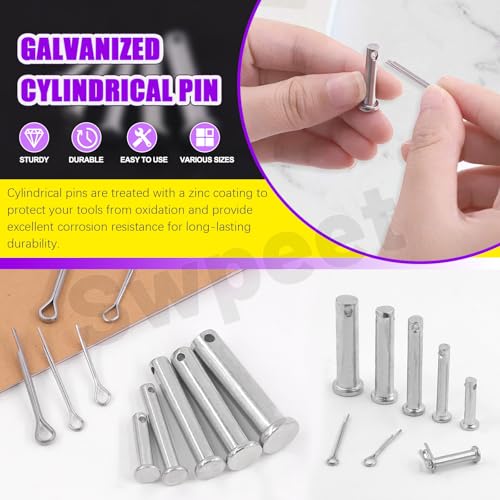 Swpeet 51Pcs 18 Size M5 M6 M8 M10 M12 Zinc Plated Clevis Pins with Cotter Pin Assortment Kit, Single Hole Flat Head Clevis Pins Split Pins Hairpin Cotter Pin Fitting Hole Location Clips Fastener