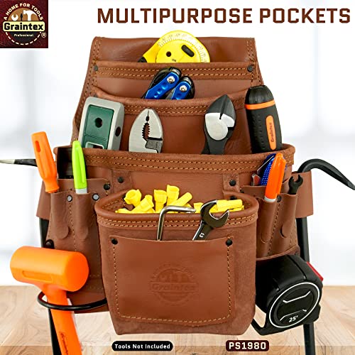 Graintex PS1980 :: 10 Pocket Nail & Tool Pouch Tan Color Industrial Grade Leather; for Handyman, Constructors, Plumbers, Electrician
