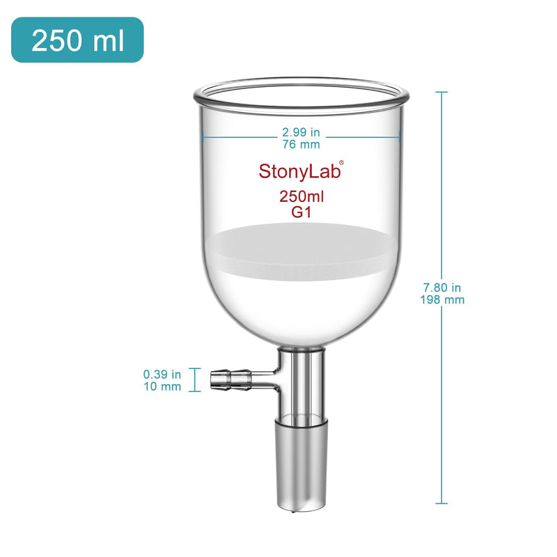 StonyLab Borosilicate Glass Buchner Filtering Funnel with Coarse Frit(G1), 76mm Inner-Diameter, 80mm Depth, with 24/40 Standard Taper Inner Joint and Vacuum Serrated Tubulation (250ml) 250 mL