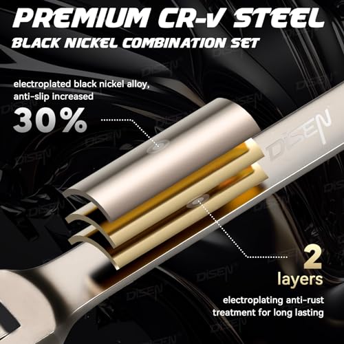 DISEN 12 Pcs Flex Head Ratcheting Wrench Set 90 Teeth, Metric Combination Ratchet Wrenches Set 8-19MM, Nickel Plating Cr-VSteel with Organizer Rack 12pc MM Flex