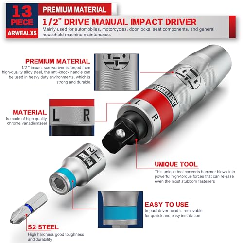 13 Piece 1/2" Drive Manual Impact Driver, Reversible Hand Impact Screwdriver Set with Slotted, Hex, Phillips Bit Kit, for Tighten and Rusted Fasteners or Frozen Bolts, with Storage Case 1/2"