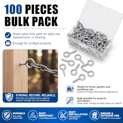 Hicarer 100 Pack 2.2 Inch Zinc Plated Carbon Steel Eye Bolt, M6 Thread Heavy Duty Screw Hook, Self Tapping Screw for Wood, Galvanized Ring Bolt for Indoor Outdoor Use