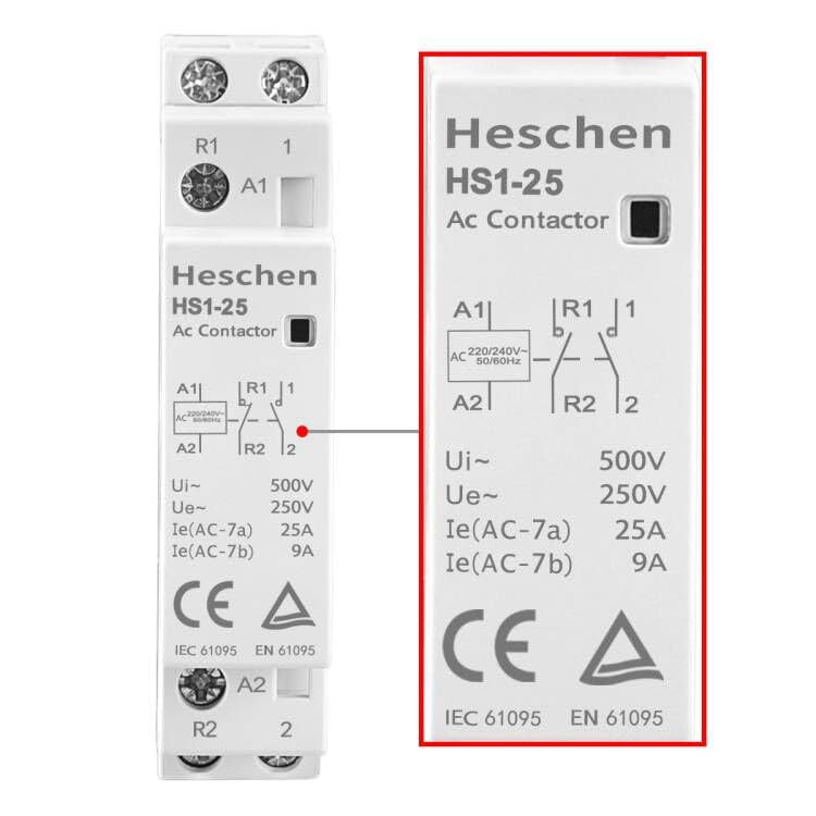 Heschen Household AC Contactor HS1-25 2 Pin 1NO 1NC AC 220V/240V Coil Voltage 35mm DIN Rail Mount (1) 1