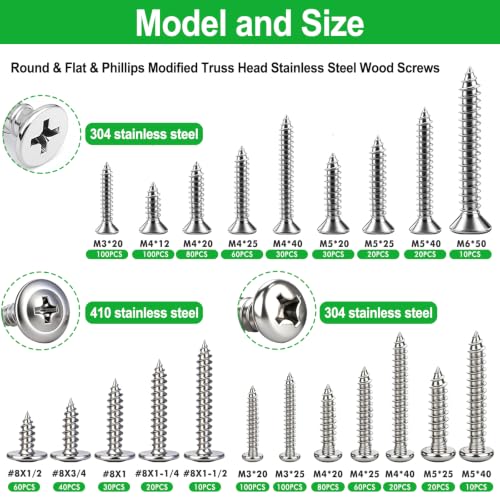1000PCS Wood Screws Assortment Kit,#8/M3/M4/M5/M6 Assorted 304 Stainless Steel Marine Grade Screws,Pan & Flat & Phillips Truss Head Assorted Screws(1/2" to 2" Length) Silver-1000PCS