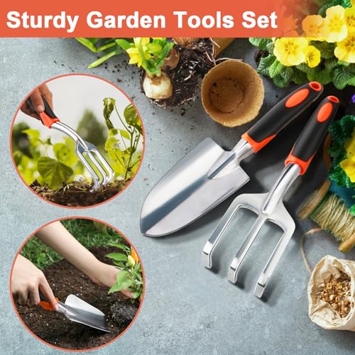 2 Pack Heavy Duty Gardening Tools Set Include Garden Shovel and Hand Rake Claw Tool with Ergonomic Handle + Garden Tools 10 Pack Floral Pattern Garden Tool Set with Tote Bag