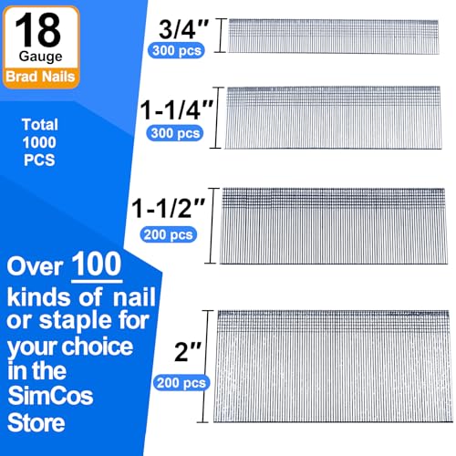 18 Gauge Brad Nails 4 Sizes (2",1-1/2",1-1/4",3/4"),3000-Pack Assembly 1000 (Pack of 3)