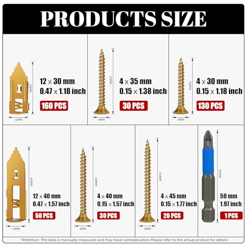 420 Pcs Self Drilling Drywall Anchors with Screws Kit, 2 Sizes Drywall Anchors and 4 Sizes Zinc Plated Screws, Holds Up to 100lbs, No Pre-Drill Needed, for TV, Shelf Straps, Picture Frames 2 Sizes-420 PCS