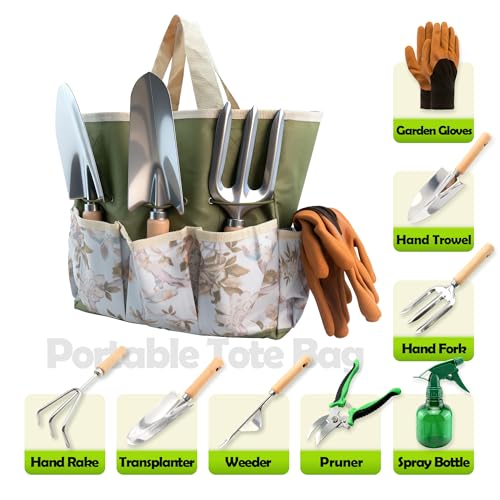 BlingKingdom 9-Piece Garden Tools Set, Stainless Steel Gardening Hand Tool Kit with Tote Bag Easy Storage Perfect Gardening Gifts for Beginners, Women and Men