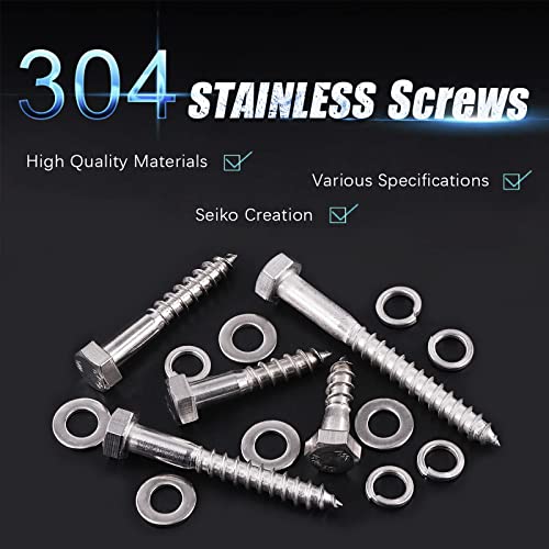 Swpeet 150PCS M8x30/35/50/65/75mm 304 Stainless Steel Hex Lag Bolts Screws and Flat Washers with Lock Washers Assortment Kit, M6 M8 Hexagon Head Wood Screws Lag Bolts and M6 M8 Flat Lock Washers