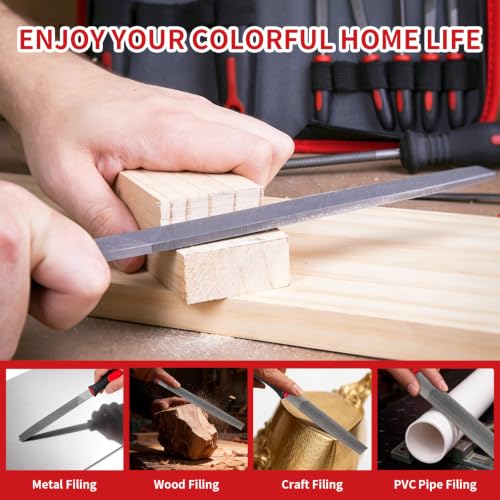 19 PCS Metal File Set, T12 Metal Files for Steel,Flat/Round/Triangle/Half-Round Hand Set with Needle File & Steel Brush for Metals, Metalworking & Woodworking Red black 19