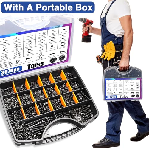 Taiss 400PCS Metric Flange Bolt Assortment kit,M6x1.0 Bolt, M8x1.25 Bolt, M10x1.5 Bolt (12mm to 45mm)+Taiss 3670PCS Metric Screw Assortment M2 M3 M4 M5 33 Sizes Button & Socket Head Screws