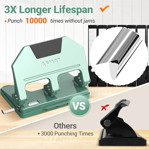 AFMAT 3 Hole Punch, 9/32" Holes, 40-Sheet 3 Hole Puncher for Binder, 50% Reduced Effort, Metal Heavy Duty Three Hole Punch w/ 10,000+ Uses, Bulit-in S.S. Paper Guide, Large Chip Tray, Green, HPX3 40-Sheet Capacity