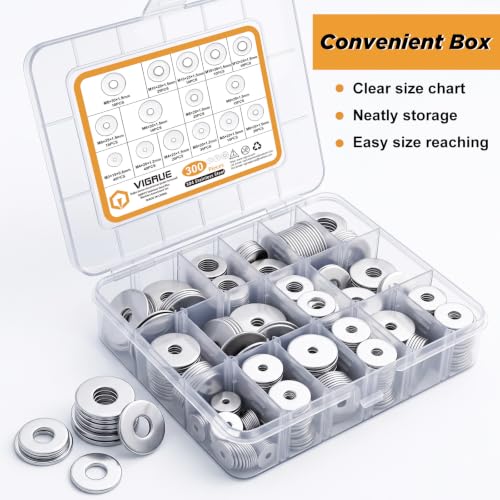 VIGRUE 300PCS Flat and Fender Washers Assortment Kit, 18-8 (304) Stainless Steel Flat Washers, 15 Assorted Sizes Metric Washers M3 M4 M5 M6 M8 M10 M12 for Screws and Bolts
