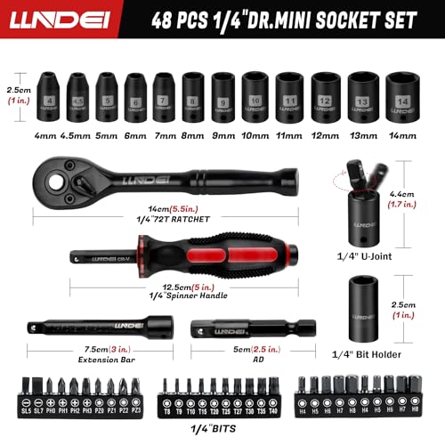 LLNDEI 48 Piece 1/4" Mini Socket Ratchet Wrench Set, Metric Shallow(4-14mm) 48pcs