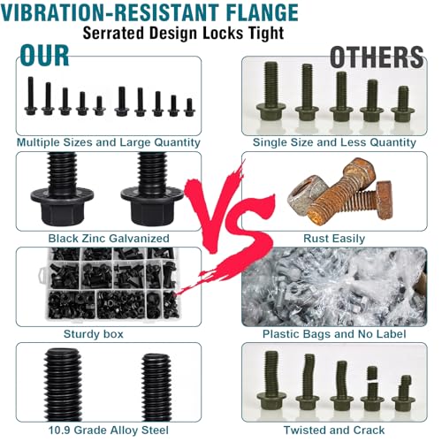 288 Pcs Metric Flange Bolt Assortment Kit, M6 M8 M10 Hex Flange Bolts with Nuts and Washers (12mm to 30mm), 10.9 Grade Black Zinc Alloy Steel, for Automotive, Machinery, and DIY Projects