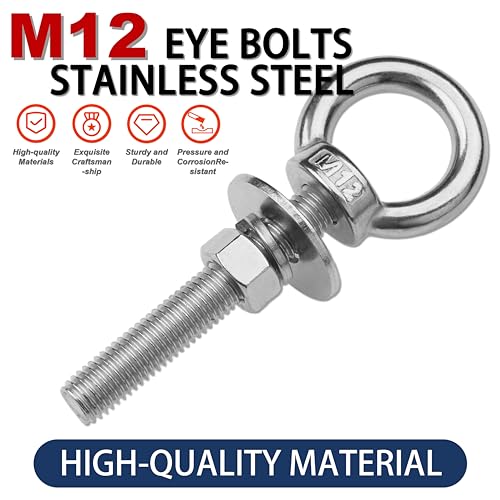 4 Pack M12 Stainless Steel Eye Bolts with Nuts, 1/2" x 3" Eye Bolts M12x77mm (1/2"x3") 4