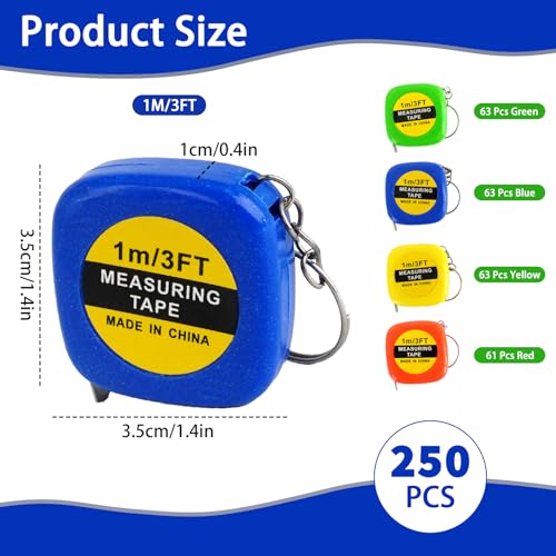 250 Pcs Small Tape Measure Keychains 1 Meter/ 3 Ft Bulk Pocket Measure Portable Measurement Mini Retractable Measuring Tape Keychains for Birthday Party Favors Construction, 4 Colors
