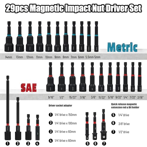29-Piece Magnetic Nut Driver Set, 1/4" Impact Drill Driver Bits