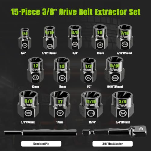 Impact NUT&Bolt Extractor Socket Set, 15-Piece 3/8" Drive 15PCS