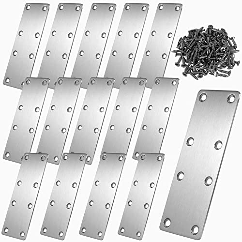 SEUNMUK 15 Pack 5-1/2x 2 Inch Flat Mending Plate for Wood, 201 Stainless Steel Heavy Duty Mending Flat Straight Steel Brace Bracket with 120 Mounting Screws, Thick 2mm