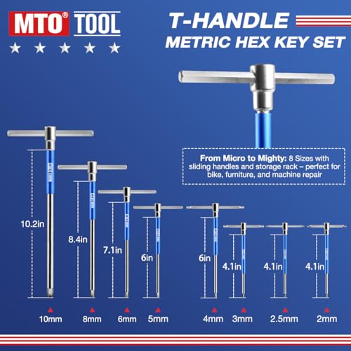 MTO Metric T-Handle Spinner Allen Key Wrench Set, 8-Piece 2-10mm, 3-Way Sliding Handle & Spinning Sleeve, CR-V Steel Hex Wrench with Storage Rack for Motorcycle, Car, DIY