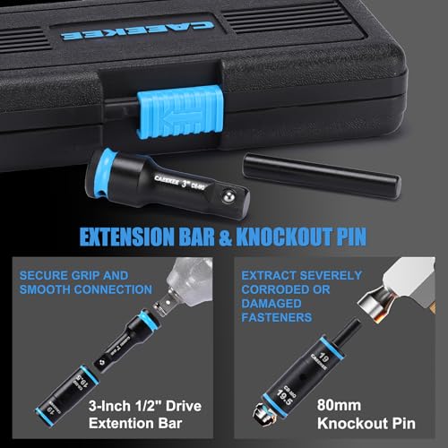 1/2" Drive Lug Nut Impact Socket Set, 7PCS Thin Wall Flip Socket Set, Half Size Metric Wheel Socket Set, 17.5mm, 18.5mm, 19.5mm, 21.5mm, 22.5mm, 6 Point, CR-MO, 3" Extension Bar & Knockout Bar 7PCS Half Size Metric