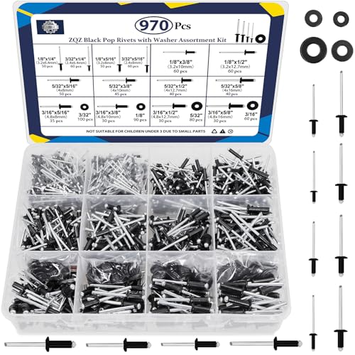 ZQZ 970Pcs Black Pop Rivets with Washer Assortment Kit + ZQZ 630Pcs Aluminum Pop Rivets Assortment Kit