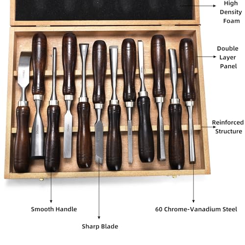 Covzoe 12 Pieces Wood Chisel Set, Woodworking Carving Tools with Wooden Box
