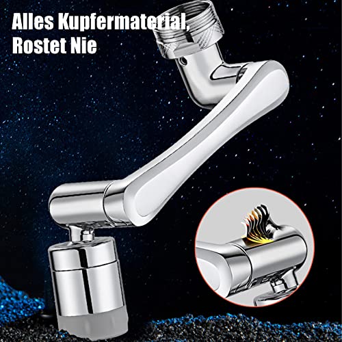 1080 Degree Rotating Multifunctional Extension Tap, Yrakozin Tap Attachment with 2-Way Adjustable Aerator for Kitchen Bathroom, 1440° Tap Extension with Aerators - Silver Messing + Silikon