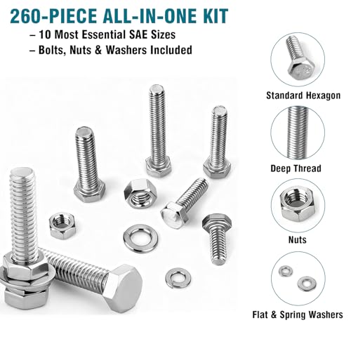 260 Pcs SAE Bolts and Nuts Assortment Kit, 1/4-20, 5/16-18, 3/8-16 Hex Machine Screws with Nuts & Washers, 304 Stainless Steel, Rust-Resistant for Indoor & Outdoor Use with Storage Case