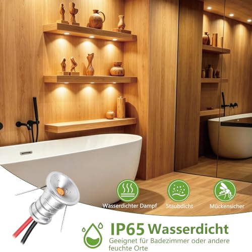Set of 10 Mini LED Spotlights, 12 V, 0.5 W, Mini LED Recessed Spotlights, Ultra Small Installation Diameter 10 mm, Warm White 3000 K Ceiling Spotlights, IP65 LED Spotlights, Recessed Silver Warm White