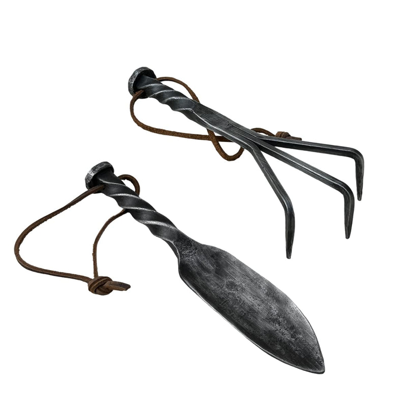Hand Forged Twisted Metal Garden Tools Set of 2 Pcs Wrought Iron Handmade Garden Transplant Trowel and Rack Tools for Garden Cultivator Black Antique Finish Heavy Duty Garden Tools by Living IDEA