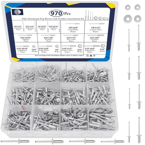 ZQZ 970Pcs Aluminum Pop Rivets with Washer Assortment Kit + ZQZ 680Pcs Stainless Steel Pop Rivets Assortment Kit