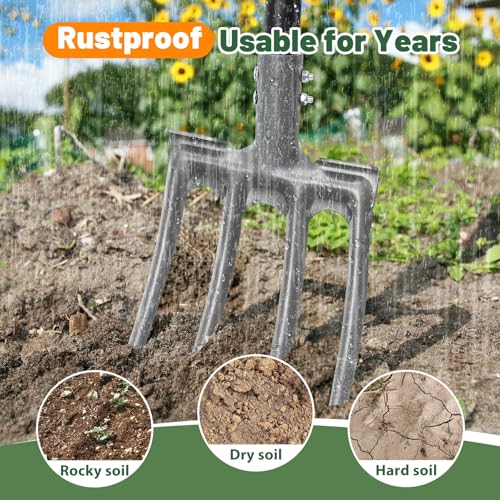Lilyvane Garden Fork, 4-Tine Gardening Pitchfork with 35” Metal Handle, 46” Long Heavy Duty Digging Manure Forks for Farm Garden Mulch Spreading, Loosening,Potato Digging Composting Transplanting