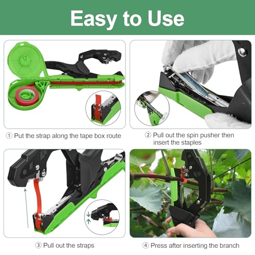 Upgraded Plant Tying Machine Gun to Tie Up Vine Tomatoes and Grapes Quickly Garden Tape Tool for Gardeners Farmers with SK5 Blade Replacement Garden Tapes and Staples Green