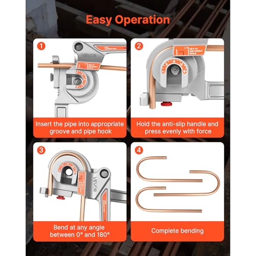 VEVOR Pipe Tube Bender, 1/4", 3/8", 1/2" (12.7 mm) OD, 3 in 1 Manual Level Tube Bender, 180° Copper Aluminum Pipes Bending Tools for HVAC, Pneumatic and Automotive Lines（NOT FOR PLUMBING）