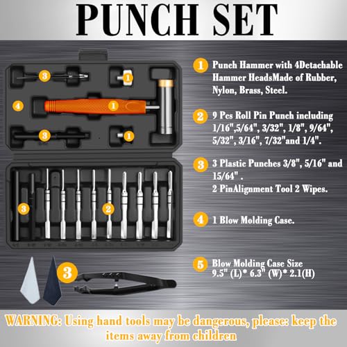 BESTNULE 20pc Enhanced Roll Pin Punch Set with Pivot Pin Tool & Bench Block With Bench Block and Pivot Pin Tool